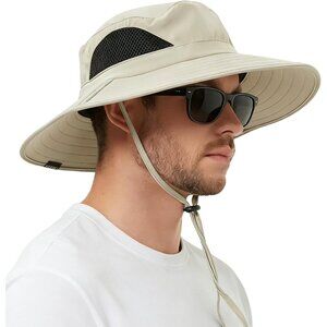 Unisex Beige 100% Polyester Wide Brim Mesh Vents With Chin Strap Fishing Sun Hat